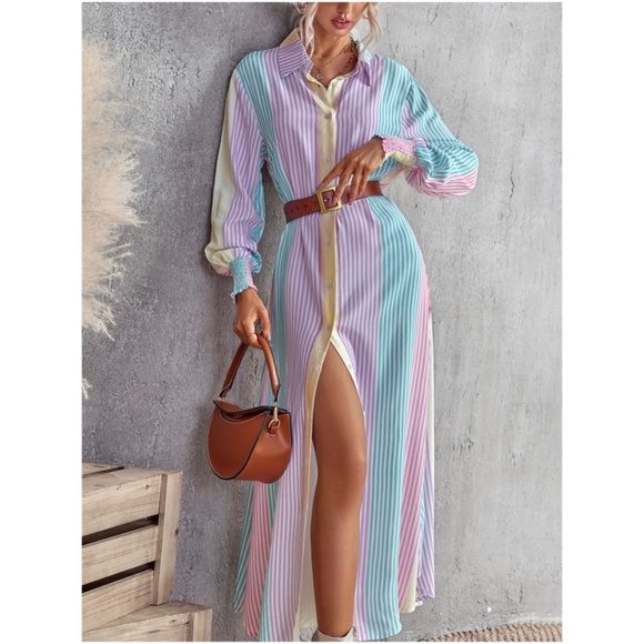 Bellanblue Dresses & Skirts - Bohemian Purple Multicolor Stripes Button up Dress